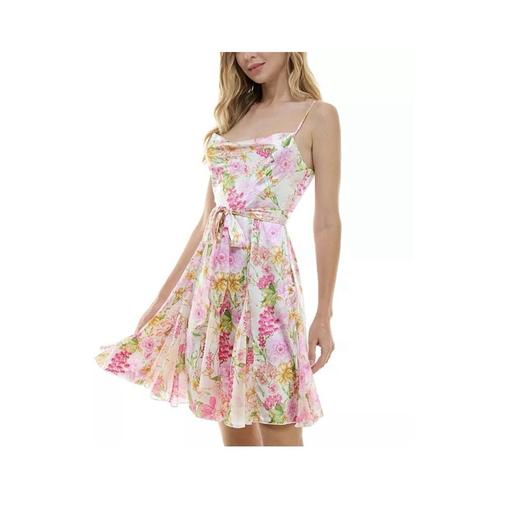 City Studio Juniors' Women's Ivory Floral Cowl Neck Self-Tie Dress Size 11/12 - Picture 3 of 14